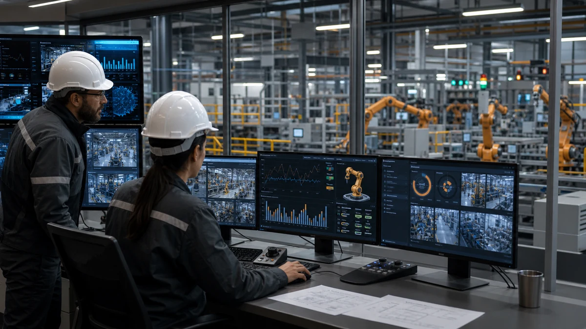 Factory with IoT sensors, robotics and real-time monitoring dashboard